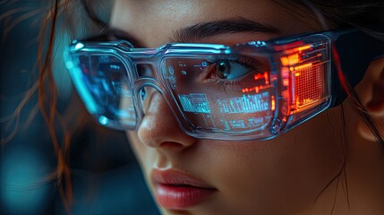 A woman wearing futuristic glasses with technological advancements displayed