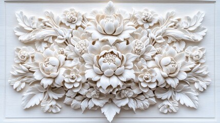 Intricate white floral stone carving, wall decor, background texture