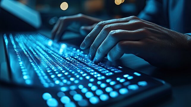 A persons hands are typing on a glowing keyboard