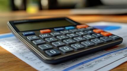 The calculator rests on top of a document with numerical data