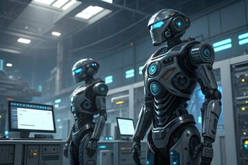 Fototapeta premium A sleek robot stands in a high-tech factory, surrounded by advanced machinery and futuristic designs in a 3D illustration.