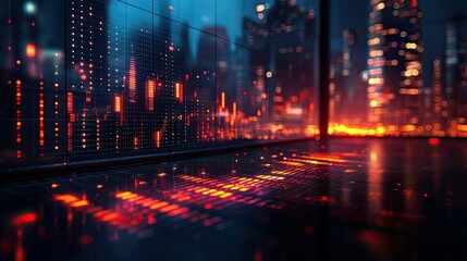 A digital data display overlaid on a dark city skyline background