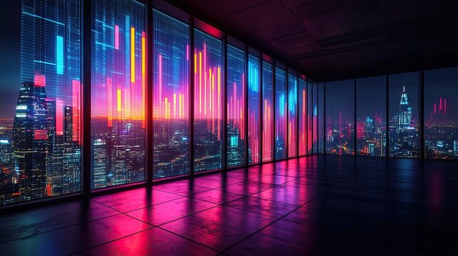 Data center windows overlooking a city at nighttime with data visualizations
