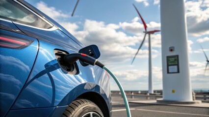 Electric Car with Metallic Blue Finish Charging at Modern Station, Wind Turbines and Clean Energy Background in Shallow Depth of Field, Generative AI