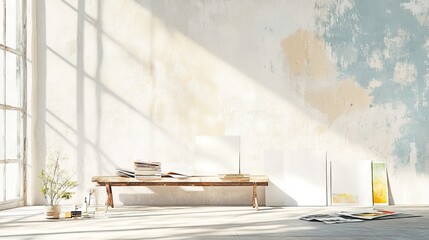 Bench with magazines and empty posters near beige wall