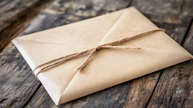 Kraft Envelope with Twine on Wooden Table / 木製テーブルの麻ひもで縛られたクラフト封筒