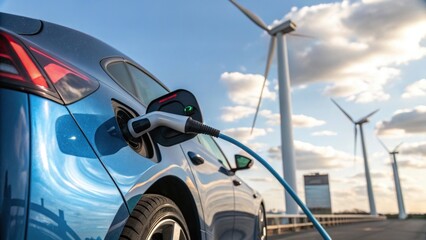 Electric Car with Metallic Blue Finish Charging at Modern Station, Wind Turbines and Clean Energy Background in Shallow Depth of Field, Generative AI