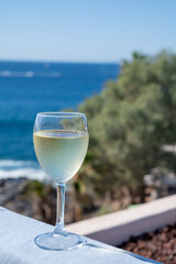 Celebration, birthday party, drinking of cold dry white wine in vacation resort Costa Adeje, Tenerife, Canary islands winter sun vacation, Spain