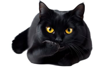 Black cat with golden eyes on transparent background. Lying down, looking forward, with paw near mouth