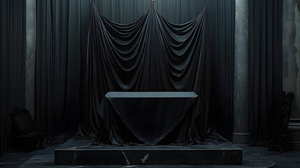 A church altar draped in black cloth for Good Friday symbolizing mourning and sacrifice.