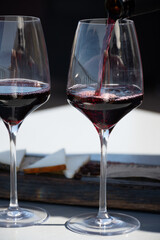 Wine making on bodegas wineries on volcanic soils of Mount Teide in Tacoronte-Acentejo wine region on Tenerife, Canary islands vacation, Spain, tasting of red listan negro grape wine