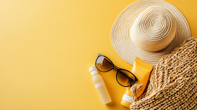 Summertime beach necessities include a straw bag, sunglasses, sunscreen, and a banner background of a hat. What to pack for a vacation. 