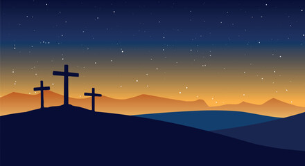 Good Friday vector illustration, with three crosses on the Calvary hill at night.