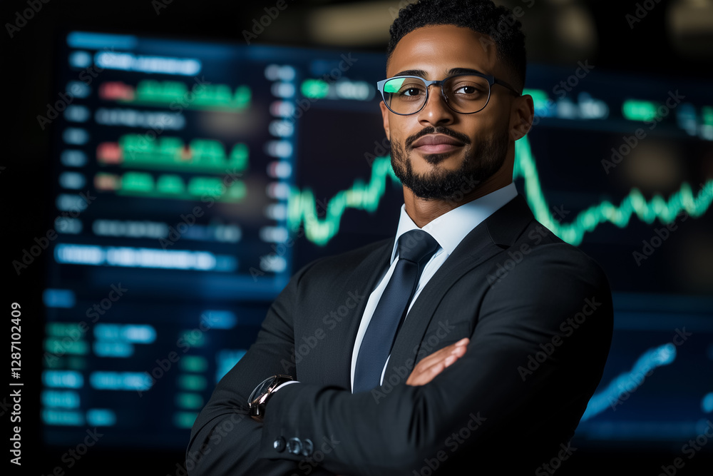 Poster man in a dark suit smiles while standing with arms crossed in front of a financial market display. b