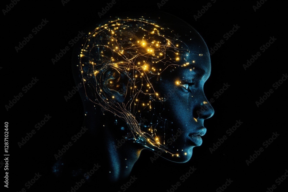 Poster Complex neural connections illuminate the profile of a human head representing artificial intelligence and cybernetic innovation. Generative AI