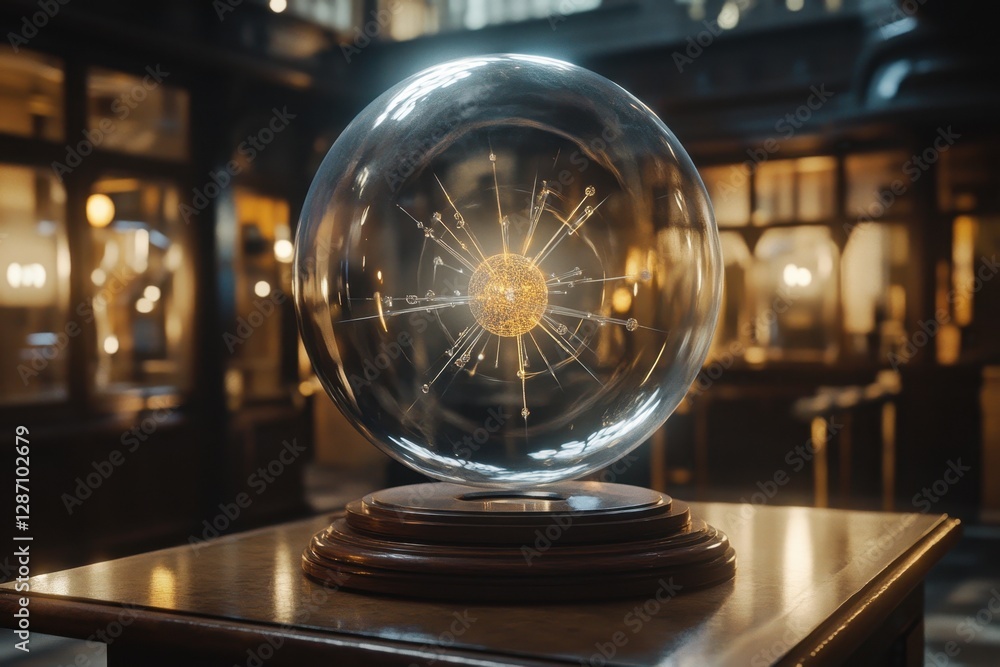 Poster glowing orb depicting atomic structure in a vintage science lab setting