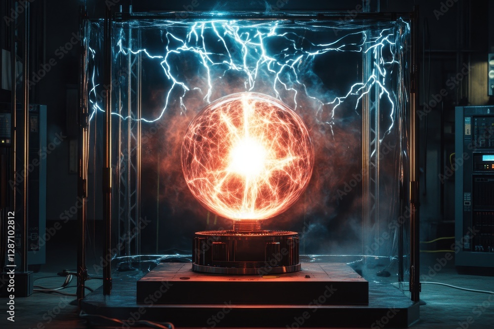Poster creating plasma energy in a controlled environment with bright electric arcs visible
