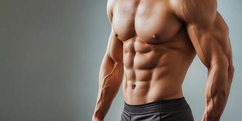Fototapeta premium Homem com abdômen trincado e malhado posando em fundo cinza, foco no detalhe muscular e condicionamento físico