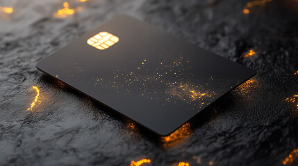 Black credit card rests on a dark textured surface illuminated by golden glowing particles creating a luxurious feeling, ideal for financial promotions and e-commerce marketing