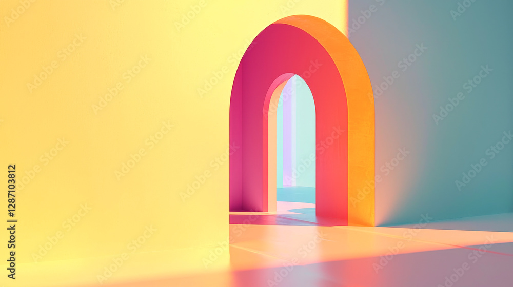 Poster minimalistic abstract background with colorful geometric shapes featuring bright archways and soft l