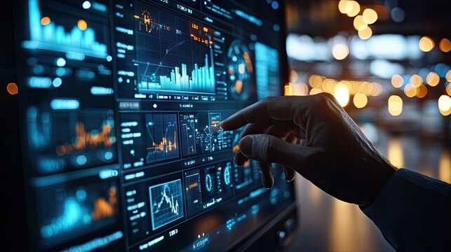 A hand interacting with a large digital data screen