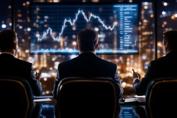 Business professionals are analyzing financial charts displayed on a screen in a modern conference room. The background showcases a city skyline filled with lights, creating a dynamic atmosphere