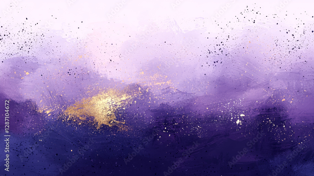 Poster dynamic abstract design featuring bold brushstrokes in purple and gold with splatter effects. abstra