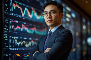 Business professional poses confidently with arms crossed while gazing at the camera. Behind him, various colorful financial graphs and charts display data in a modern office