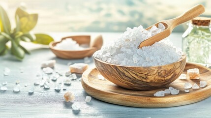 Dead sea salt pile, white crystals for body spa, sodium chloride similar to crushed ice, spa scrub on wood plate
