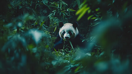 A giant panda peacefully eating bamboo in a lush green forest its black and white fur contrasting the surroundings.