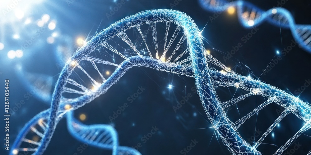 Poster a detailed representation of dna structure emanates a soft glow set against a dark backdrop