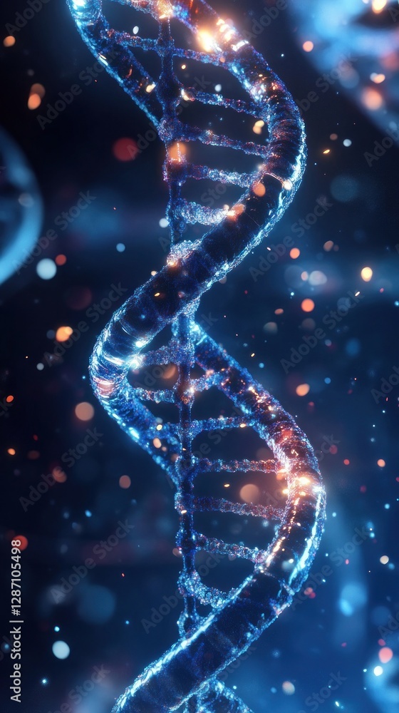Poster this vivid depiction of a dna structure showcases a mesmerizing design with glowing elements set aga