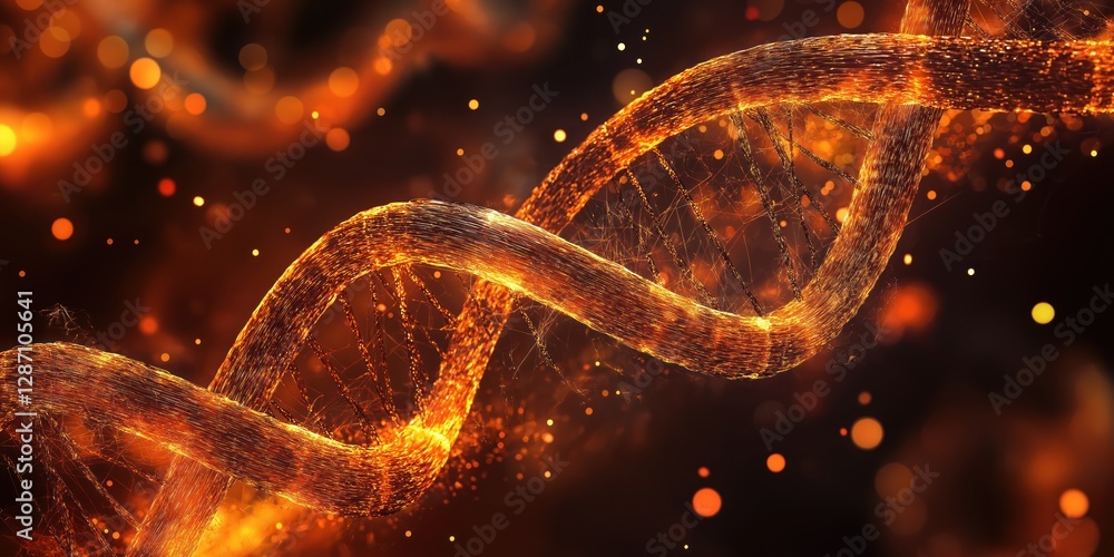 Poster a detailed representation of dna strands illuminated against a glowing backdrop. this design feature