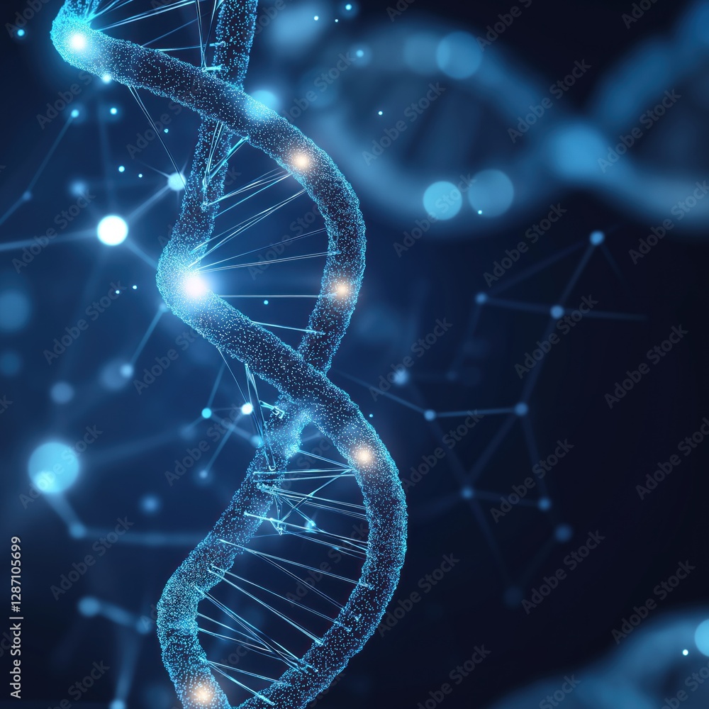 Poster the dna structure is vividly displayed against a glowing blue background highlighting its intricate 