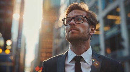 A corporate leader stands in a modern city, dreaming of new business ventures and leadership roles. Copy space