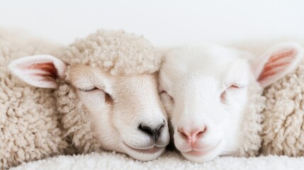 Two Sleeping Lambs, Close-up, Peaceful Scene, Ideal for Baby Products