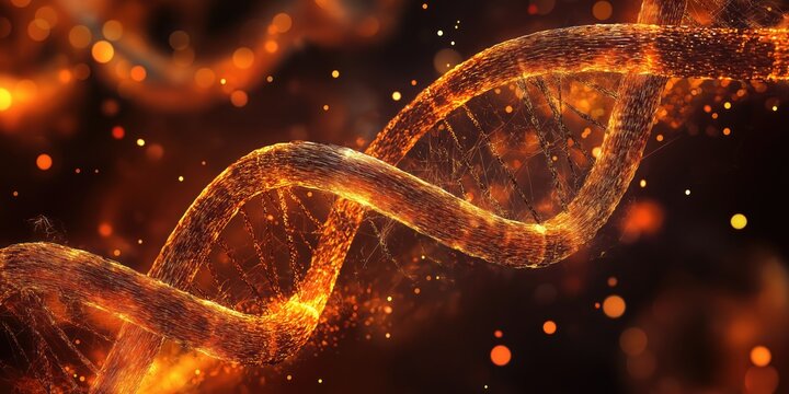 A detailed representation of DNA strands illuminated against a glowing backdrop. This design features dynamic lines and particles offering ample space for text and messaging
