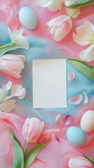 Blank easter card with pink tulips and colorful eggs for seasonal greetings. concept of spring celebration, festive decor, artistic design, holiday creativity. Copy space. mockup. Vertical