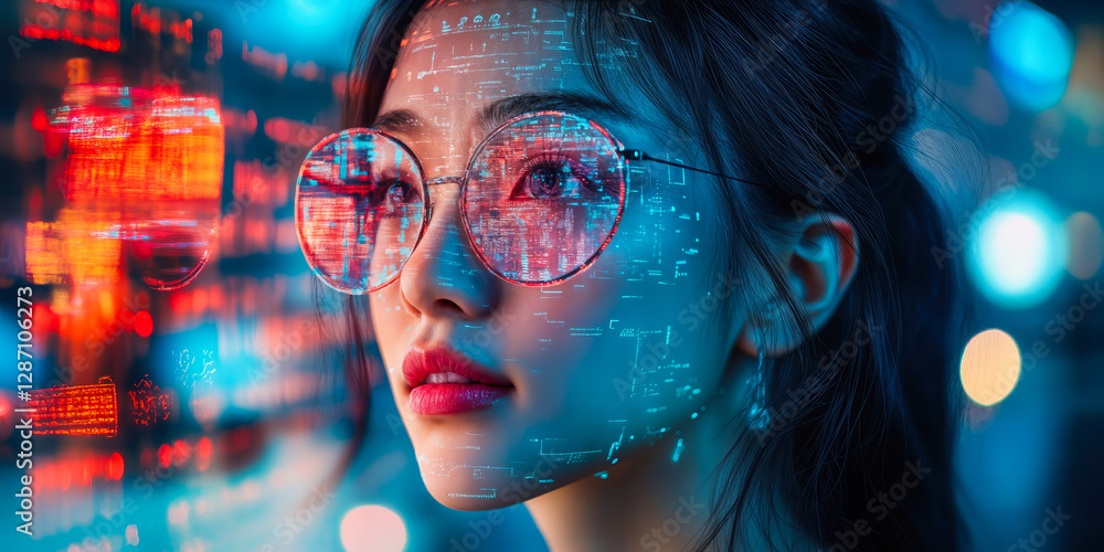 Poster portrait of woman with digital interface reflections on glasses symbolizing advanced ai technology i