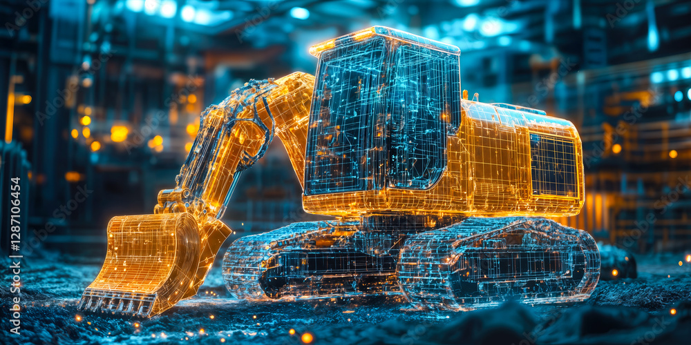 Poster innovative construction technology with digital blueprint overlay on excavator highlighting efficien
