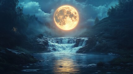Serene moonlit waterfall landscape