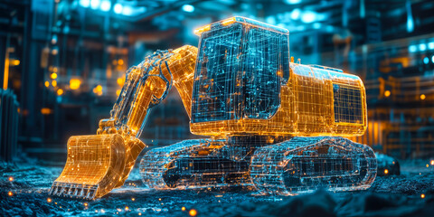 Innovative Construction Technology with Digital Blueprint Overlay on Excavator Highlighting Efficiency and Customization