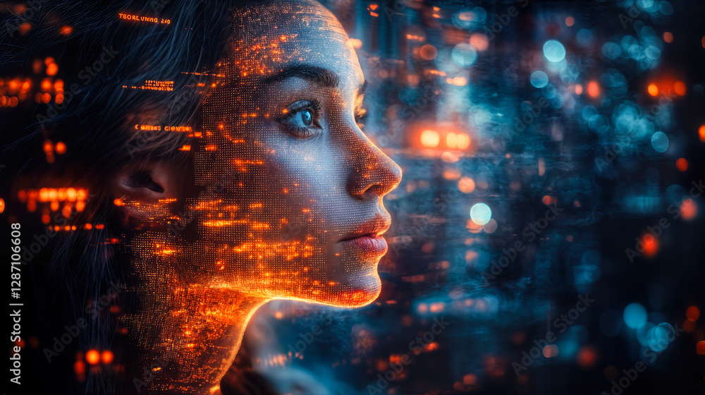 Poster futuristic ai mind-mapping visualization with human profile and digital interface, enhancing idea st