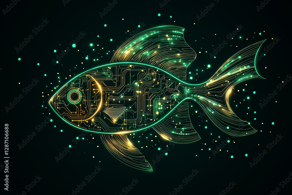 Poster a fish with a vibrant circuitry design swims through a dark space illuminated by glowing particles. 