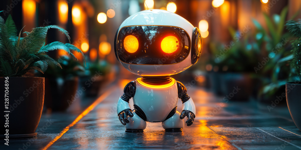 Poster ai robot with personality in urban setting illuminated by warm lights demonstrating conversational a