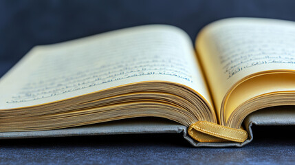 Obraz premium Close-Up View of an Open Quran with Elegant Gold Bookmark for Ramadan Reflection and Spirituality