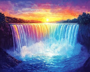 Vintage travel poster featuring a majestic waterfall cascading into a vibrant rainbow spectrum, psychedelic retro style