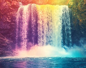 Vintage travel poster featuring a majestic waterfall cascading into a vibrant rainbow spectrum,...