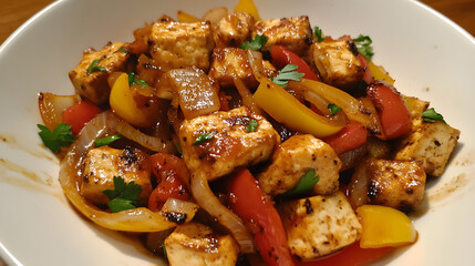 A spicy onion and bell pepper stir-fry with tofu and soy sauce.