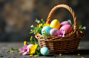 Basket with Easter Eggs of Different pastel Colors on a stone Background, Spring Card, copy space